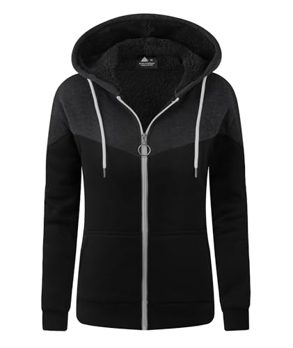 LLdress Sweatjacke Damen Fleecejacke mit Kapuzenpullover Kapuze Hoodie für Frau Kapuzenjacke mit Reißverschluss Basic Winterjack Outdoor Causal Plüschjack Jacket Fleecepullover Grau Schwarz von LLdress