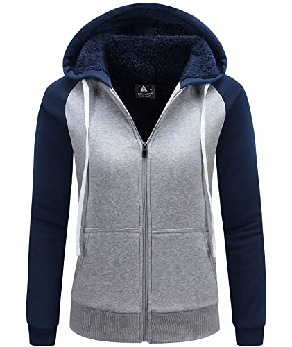 LLdress Fleecejacke Damen Sweatjacke mit Kapuze Hoodie für Frau Kapuzenjacke mit Reißverschluss Basic Kapuzenpullover Winterjack für Outdoor Causal Plüschjack Jacket Fleecepullover Navyblau Hellgrau M von LLdress