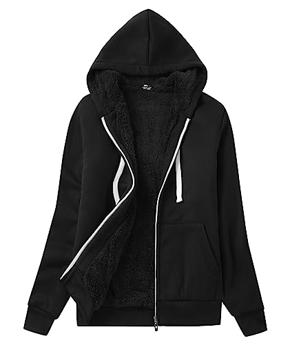 LLdress Sweatjacke Damen Fleecejacke mit Kapuze Hoodie für Frau Basic Kapuzenjacke mit Reißverschluss Winterjacke Kapuzenpullover Causal Plüschjack Outdoor Jacket Fleecepullover Schwarz L von LLdress