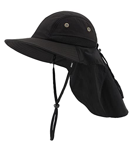 LLmoway Herren Sonnenhut aus Netzstoff, LSF 50+, breite Krempe, atmungsaktiv, Outdoor-Angelkappe, schwarz, MEDIUM von LLmoway