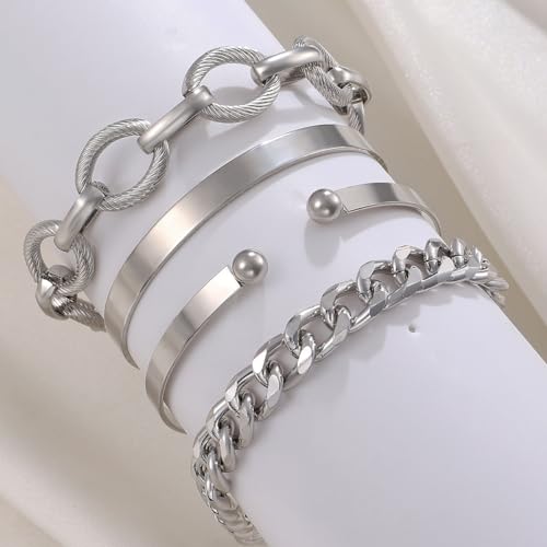 Armband-Set aus 925er Sterlingsilber, glatte Kettenglieder und Knopf-Manschetten-Armbänder für Damen (Silber) von LMCIEZR