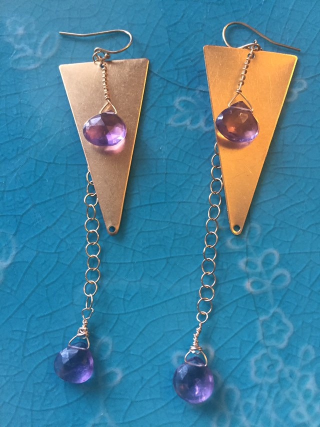 Vintage Messing Dreieck Amethyst Ohrringe Vintage Messing Dreieck Amethyst Ohrringe von LMCollection