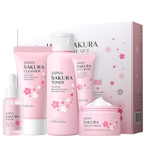 SAKURA Skin Care Set, Skin Care Sets & Kits Women Girls Gift Set with Cleanser, Face Serum, Face Cream, Toner, Eye Cream, Travel Size Skincare Set for Women Teen Girls Birthday Christmas Gift (SAKURA) von LMDAOO