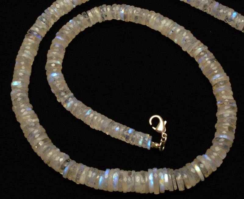 Natürliche Edelstein Weißer Regenbogen Mondstein 7 Bis 11 Mm Facettierte Heishi Perlen 18-Zoll-Vollstrang Super Blinkendes Blaues Feuer Feine von LMGEMS