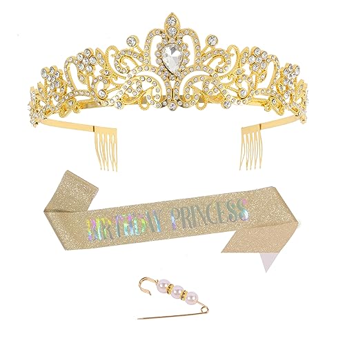 LMJUNZZ Gold Geburtstag Schärpe Krone Brosche, Frauen Glitzer Geburtstag Prinzessin Schultergurte Und Tiara Mit Kamm Geburtstag Prinzessin Schärpe Mädchen Geburtstag Dekorationen von LMJUNZZ