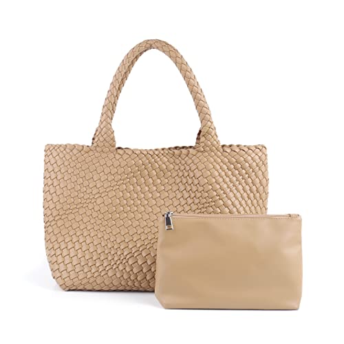LMKIDS Gewebte Tasche für Frauen, Veganes Leder Tote Bag Große Sommer Strand Reise Handtasche und Geldbörse Retro Handgemachte Umhängetasche, Khaki von LMKIDS