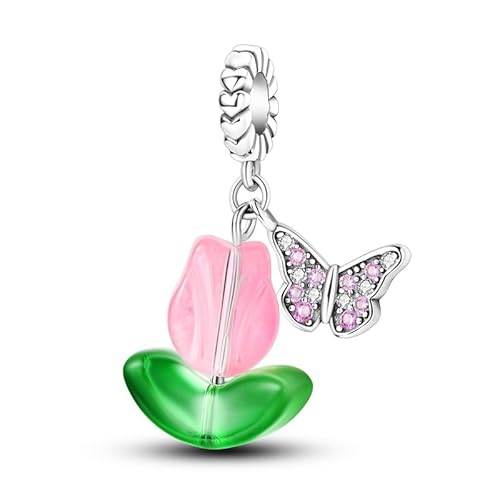 LMLMECREA Blume Schmetterling Charms Anhänger - 925 Sterling Silber Rosa Tulpen Anhänger für Europäische Armbänder & Ketten | Schmuckgeschenk für Damen von LMLMECREA