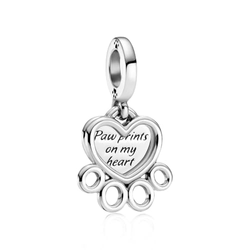 LMLMECREA Hundepfoten Charms Anhänger - 925 Sterling Silber Gravur 'Paw prints on my heart' - Hund Charme für Europäische Armbänder & Ketten | Schmuckgeschenk für Damen von LMLMECREA
