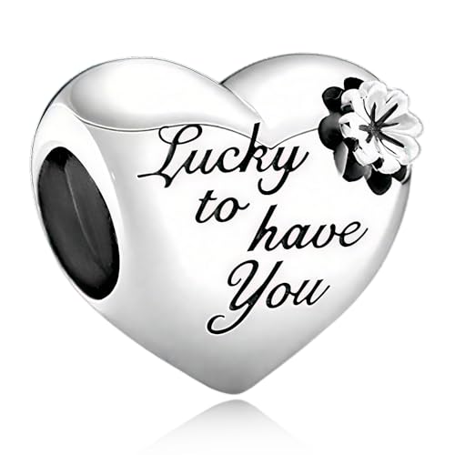 LMLMECREA Herz Charms Anhänger - 925 Sterling Silber Gravur 'Lucky to have you' - Herz Bead Charme für Europäische Armbänder & Ketten | Schmuckgeschenk für Damen von LMLMECREA