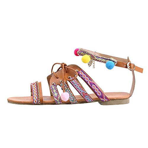 Sandalen Damen Sommer PU Leder Bohemia Flach Sandalen Abendschuhe Casual Sandalen Outdoor Schuhe Strandschuhe Flache Mode Schuhe Leder Flach Boden Hausschuhe Bequeme Schuhe LMMVP (40CN, Mehrfarbig) von LMMVP-Schuhe Damen