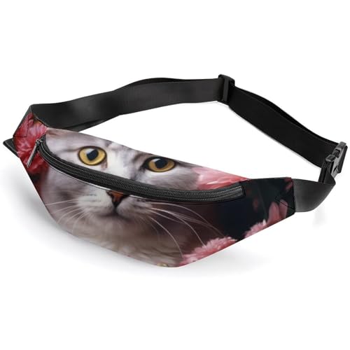 Bauchtasche für Damen und Herren, Gürteltasche, Hüfttasche mit verstellbarem Riemen, Katze in Blumen, 36*15cm, Art déco von LMNGH