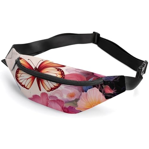 Bauchtasche für Damen und Herren, Gürteltasche, mit Blumenmuster, mit Schmetterling, Hüfttasche mit verstellbarem Riemen, Blumenmuster mit Schmetterling, 36*15cm, Art déco von LMNGH