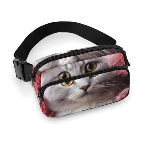 Bauchtaschen für Damen und Herren, Gürteltasche, Hundekopf-Hüfttasche, wasserdichte Hüfttasche, Handytasche, Katze in Blumen, 20x13cm, Art déco von LMNGH