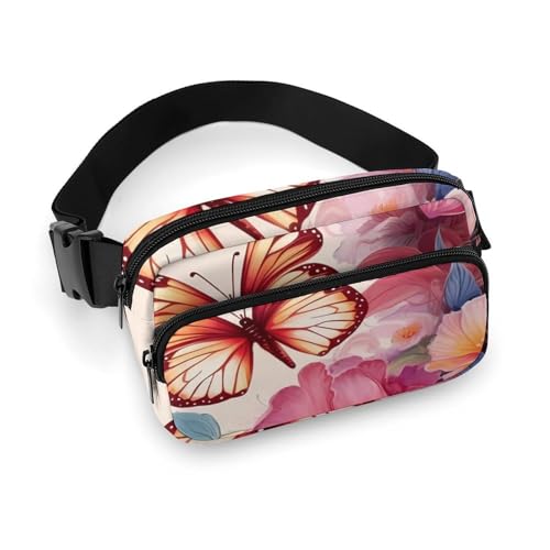 Bauchtaschen für Damen und Herren, Gürteltasche mit Blumenmuster und Schmetterling, wasserdicht, Hüfttasche, Handytasche, Blumenmuster mit Schmetterling, 20x13cm, Art déco von LMNGH