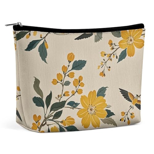 Make-up-Tasche, Reise-Kosmetiktasche, tragbar, weiß, Blumenmuster, Chinoiserie, Kulturbeutel, große Kapazität, Reißverschluss, Make-up-Organizer, wasserdicht, Kulturbeutel für Damen und Herren, Gelbe von LMNGH