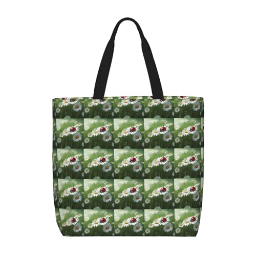 LMNUDS Ladybug On Daisy Flower Tote Bag für Damen, leichte One-Shoulder-Tragetasche mit Innentasche, Schultertasche, Handtasche, Schwarz, One Size von LMNUDS
