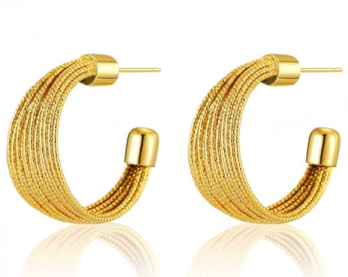 LMQLMK Creolen, 14 Karat vergoldete Zinklegierung, hypoallergen, mehrschichtig, gebürstet, klobige C-Form, Damenmode Ohrringe von LMQLMK