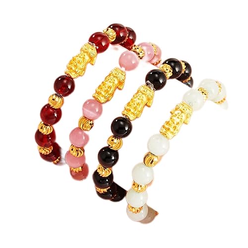 Feng Shui Wealth Pixiu/Piyao Buddha Perlen Armband Natural Black Obsidian Granat Edelstein Energiearmband einstellbare Station von bösen Geistern für Frauen Mädchen, Red Cinnabar (Farbe: Gold) von LMRJHAZ