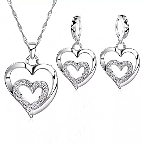 Frauen Schmucksets 925 Zirkonkristall Doppelte Love Heart Halskette & Ohrringe Schmuck Set von LMRJHAZ