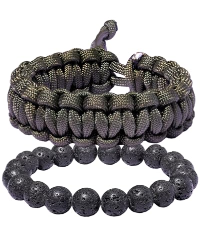 LMRJHAZ 2pcs Verstellbare handgefertigte Paracord Armbänder Set Stretch 10mm Edelsteine ​​Perlen Armbänder für Frauen Männer Outdoor Wandercamping Unisex (Armeegrün) von LMRJHAZ