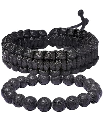 LMRJHAZ 2pcs Verstellbare handgefertigte Paracord Armbänder Set Stretch 10mm Edelsteine ​​Perlen Armbänder für Frauen Männer im Freien Wandercamping Unisex (schwarz) von LMRJHAZ