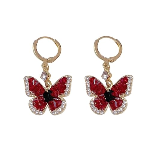 LMRJHAZ 925 Sterling Silber Red Butterfly Dangle Ohrring für Frauen Mädchen, funkelnde Zirkonia -Drop -Ohrringe, Vintage -Hoops Hungling Ohrringe Juwely Geschenk für den Valentinstag von LMRJHAZ