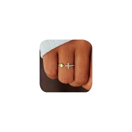 LMRJHAZ Kreuzringe für jugendliche Mädchen Silber/Gold Herz Ring Kubikzirkonia Anpassbare Ring Inspirierende Gebet Cross Herz Religiöser Glauben Schmuck Geschenke für sie (Gold) 10# von LMRJHAZ
