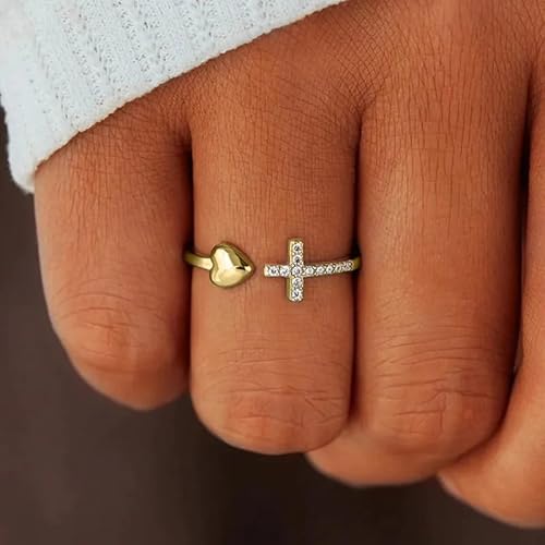 LMRJHAZ Kreuzringe für jugendliche Mädchen Silber/Gold Herz Ring Kubikzirkonia Anpassbare Ring Inspirierende Gebet Cross Herz Religiöser Glauben Schmuck Geschenke für sie (Gold) 10# von LMRJHAZ