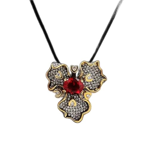 LMRJHAZ Schwarze zweifarbige Blume Eingelegtes rotes Edelstein Anhänger Halskette 925 Silber Damen Schmuck Halskette von LMRJHAZ