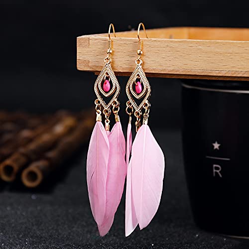Reisperlen Quasten Feather Long Ohrring - Bohemian Big Hang Hook Studie Ethnisches Vintage Punk -Persönlichkeit Ohrring für Geburtstag Hochzeitsfeier Mädchen Schmuckgeschenk, Pink Ui von LMRJHAZ