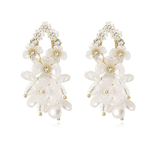 LMRJHAZM Acrylblüte Tränenstrop Dangle Ohrringe für Frauen Mädchen Goldton Kubikzirkonia Künstliche Perle weiße Magnolien Blütenblüten Cluster Statement Tropfen Baumeln Ohrringe Hypoallergene von LMRJHAZM