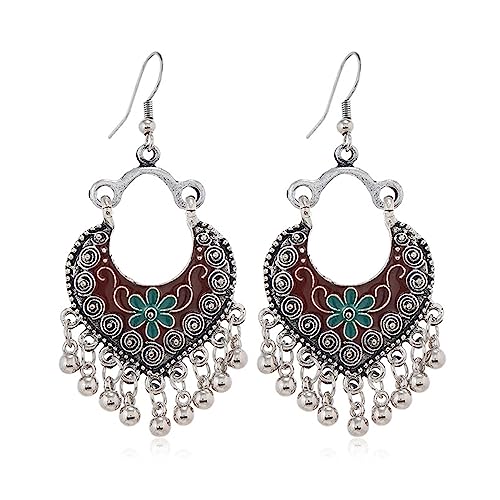 LMRJHAZM Boho Blumenball Quastel Dangle Ohrringe für Frauen Mädchen versilberte Emaille Böhmian Kronleuchter Statement Herzform HOOP Perlen Bells Jhumka Drop Haken Haken Hoch Leichtes Vintage Indian von LMRJHAZM