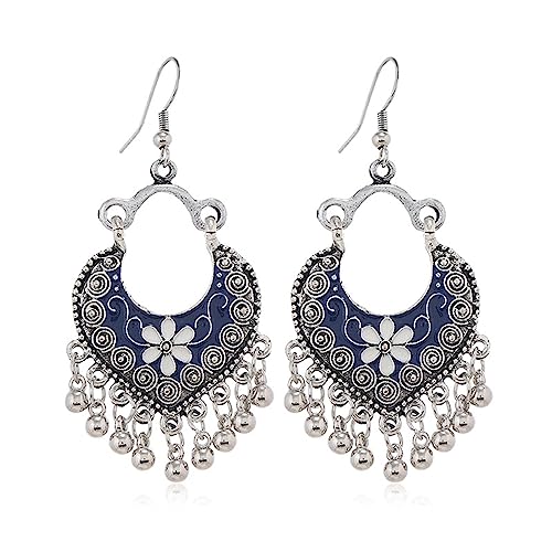 LMRJHAZM Boho Blumenball Quastel Dangle Ohrringe für Frauen Mädchen versilberte Emaille Böhmian Kronleuchter Statement Herzform HOOP Perlen Bells Jhumka Drop Haken Haken Hoch Leichtes Vintage Indian von LMRJHAZM