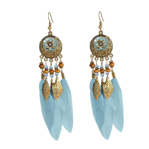 LMRJHAZM Boho Federblatt Dangle Ohrringe für Frauen Mädchen Gold plattiert langen Ball Perlenblatt Fransen CZ Emaille Dreamcatcher Statement Zauber Drop Hangling Fish Haken Stud von LMRJHAZM