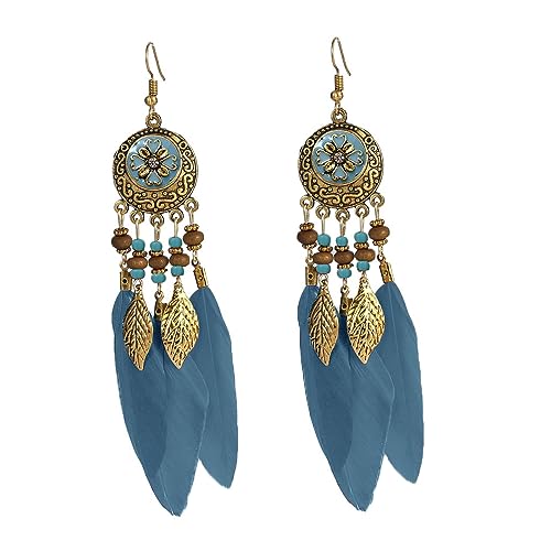 LMRJHAZM Boho Federblatt Dangle Ohrringe für Frauen Mädchen Gold plattiert langen Ball Perlenblatt Fransen CZ Emaille Dreamcatcher Statement Zauber Drop Hangling Fish Haken Stud von LMRJHAZM