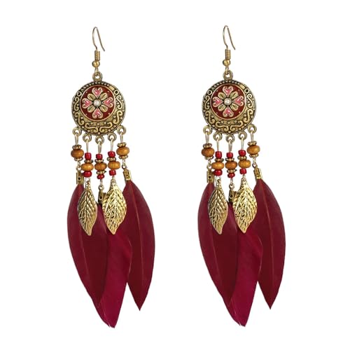 LMRJHAZM Boho Federblatt Dangle Ohrringe für Frauen Mädchen Gold plattiert langen Ball Perlenblatt Fransen CZ Emaille Dreamcatcher Statement Zauber Drop Hangling Fish Haken Stud von LMRJHAZM
