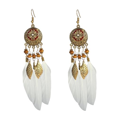 LMRJHAZM Boho Federblatt Dangle Ohrringe für Frauen Mädchen Gold plattiert langen Ball Perlenblatt Fransen CZ Emaille Dreamcatcher Statement Zauber Drop Hangling Fish Haken Stud von LMRJHAZM