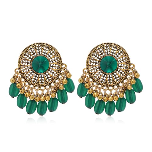 LMRJHAZM Boho Round Ball Quastel Dangle Ohrringe für Frauen Gold Ton Indianer Jhumka Green Cz Charms Statement Drop baumeln ethnischer traditioneller Weihnachtshochzeitsfeier Schmuckgeschenke von LMRJHAZM