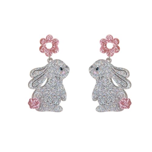 LMRJHAZM Glänzend Acrylkaninchen Tier Dangle Ohrringe für Frauen süße Pailletten Pink Blume Harajuku Bunny Haustier Ostern Statement Drop Bolde Ohrringe Leichte Urlaubs Heimkehr Party Schmuck von LMRJHAZM