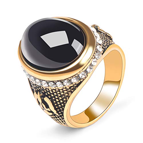 LMRJHAZM Gold Oval Black Obsidian Stone Wide Band Ring für Frauen, Retro14k Gold plattiert Retro -Schmuckgeschenk für Männer Edelsteinkristall -Turkish Vollfinger Band Ring Größe 8 von LMRJHAZM