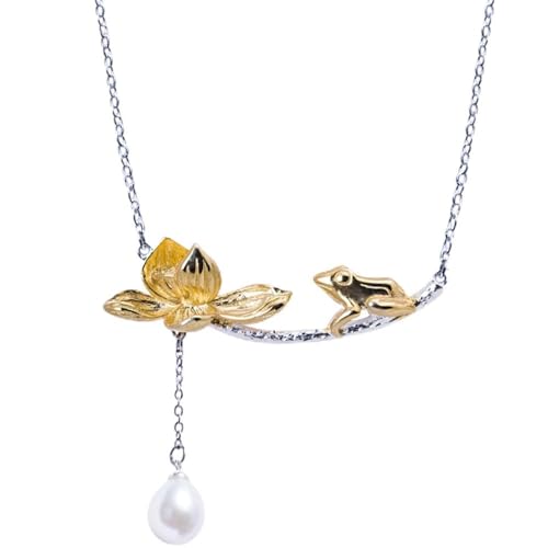 LMRJHAZM Kronleuchter 925 Frosch Halskette Frauen National Pearl Lotus Blatt Pendentemperament Gentle Schmucklicht von LMRJHAZM