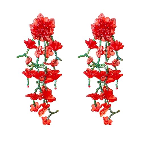 LMRJHAZM Lange acryl rote grüne Blüten Dangeln Ohrringe für Frauen 925 Sterling Silber Post Harz Quasten Blütenblätter Blatt Cluster übertrieben Statement Drop Studie Retro Party Prom Y2K Weihnacht von LMRJHAZM