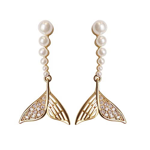 LMRJHAZM Pearl Meerjungfrau Schwanz Hütten Ohrringe für Frauen Mädchen 925 Sterling Silber Kubikzirkonia Shell Perlen Drop Ocean Fishtail Charms baumeln von LMRJHAZM
