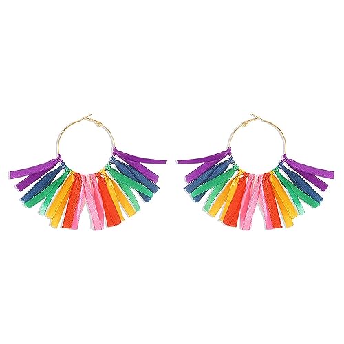 LMRJHAZM Rainbow Quaste Tassel Dangle Ohrringe für Frauen Mädchen Gold plattiert Boho handgefertigtes farbenfrohes Band Langer Threader Runde Drop Haumeln leichte Statement Hoop Hook Ohrring Bohemian von LMRJHAZM