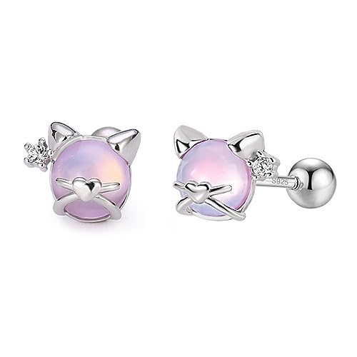 LMRJHAZM Schöne Herzkatze Ohrringe 925 Sterling Silber Cz Tiny Kätzchen Tierfarbe Ohrringe für Frauen hypoallergen niedliche runde runde rosa Mondsteinknorpel Tragus Ball Back Langhantelohr Helix von LMRJHAZM