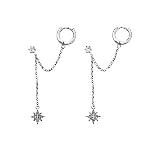 LMRJHAZM Star 925 Sterling Silber Doppelpiercing Ohrringe Huggie Manschette Kette für Frauen Teen Girls 2 Löcher CZ Charme Dangle Drop Kleine Hoop Ohrringe Knorpel Kletterer Schmuck von LMRJHAZM