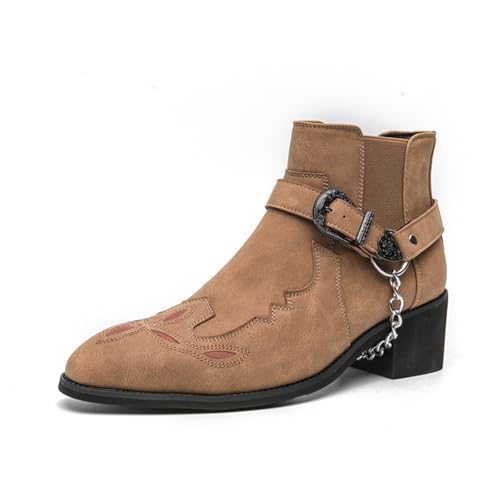 LMUIPMAA Cowboystiefel mit spitzer Zehe für Herren im Westernstil knöchelhohe Motorradreitstiefel mit Gürtelschnalle und Metallkette,Khaki,43 EU von LMUIPMAA