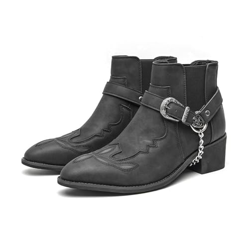 LMUIPMAA Cowboystiefel mit spitzer Zehe für Herren im Westernstil knöchelhohe Motorradreitstiefel mit Gürtelschnalle und Metallkette,Schwarz,45 EU von LMUIPMAA