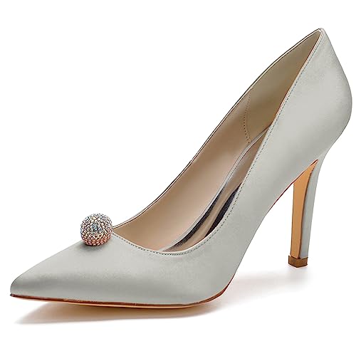 LMUIPMAA Damen High Heels Strass Stöckelabsatz Pumps für Party Hochzeit,Silber,35 EU von LMUIPMAA