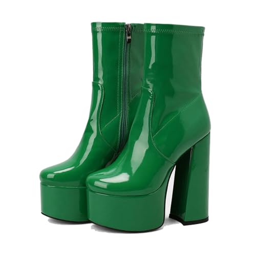 LMUIPMAA Damen Höhe Ferse Stiefeletten Blockabsatz Zip Runde Zehen Stiefeletten Mit Plateau,Grün,36 EU von LMUIPMAA